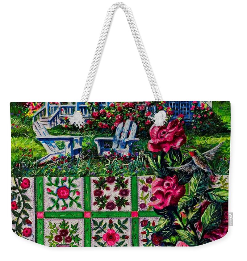 A Patchwork Quilt Of Traditional Rose Patterns In A Rose Garden With Hummingbirds Weekender Tote Bag featuring the painting Rose Garden by Diane Phalen