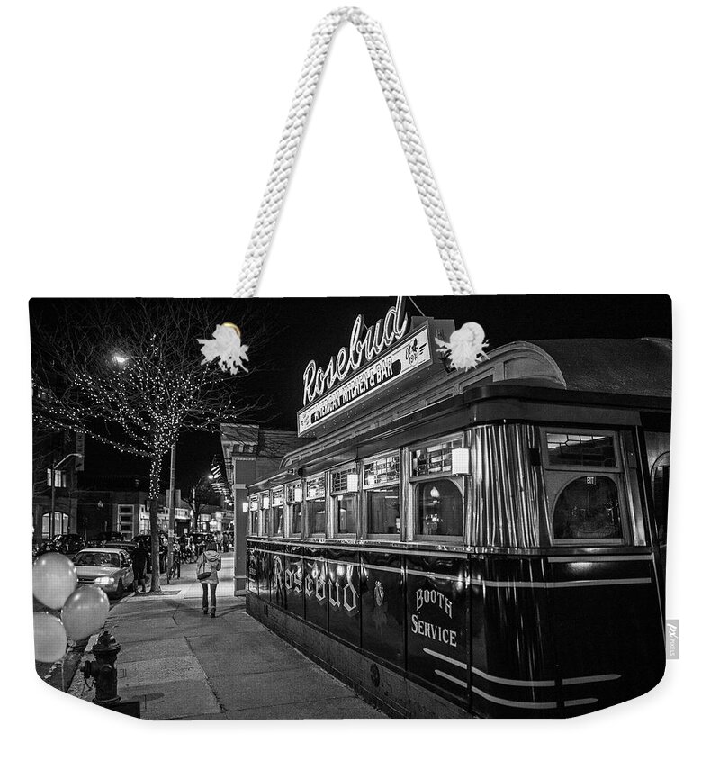Davis Weekender Tote Bag featuring the photograph Rosebud Davis Square Somerville Black and White by Toby McGuire