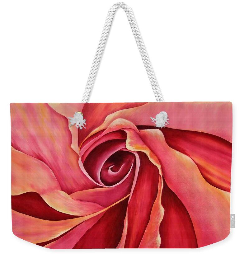 Red Flower Paintings Weekender Tote Bag featuring the painting Rosebud by Mary Deal