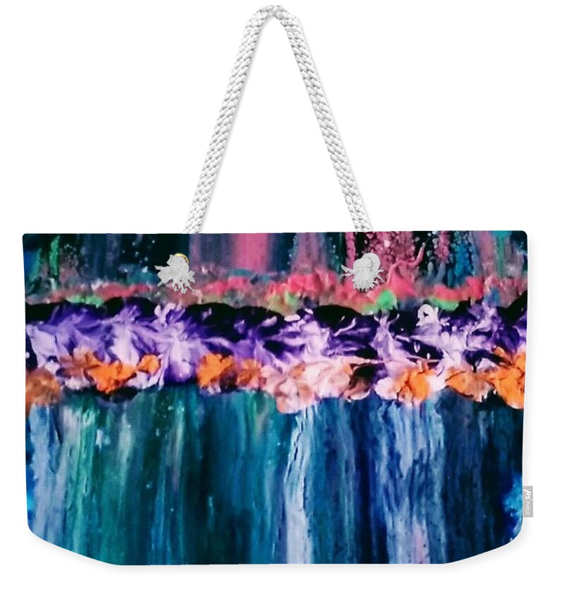 Waterfall Weekender Tote Bag featuring the painting Roses And Waterfalls by Anna Adams