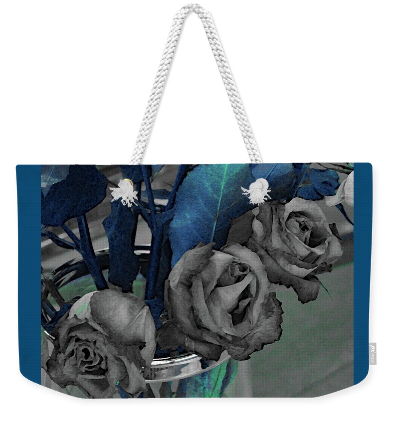 Roses Weekender Tote Bag featuring the photograph Roses in Black and White and Leaves of Blue by Corinne Carroll