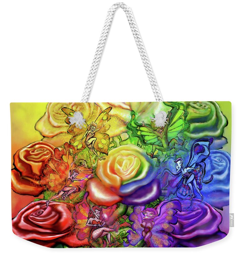 Rainbow Weekender Tote Bag featuring the digital art Roses Rainbow Pixies by Kevin Middleton
