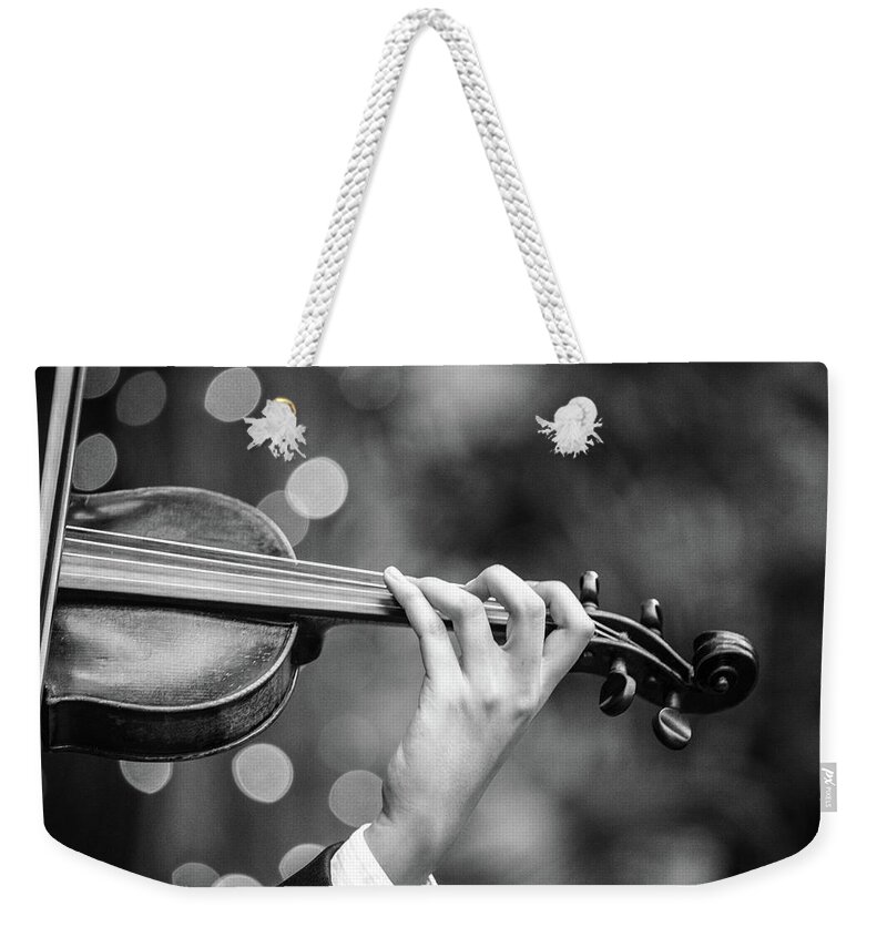 Violin Weekender Tote Bag featuring the photograph Rosin Up - Monochrome by KC Hulsman