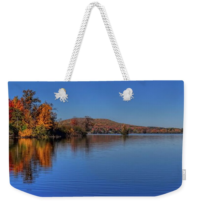 Autumn Weekender Tote Bag featuring the photograph Rothschild Pavilion Autumn Reflection Panorama by Dale Kauzlaric