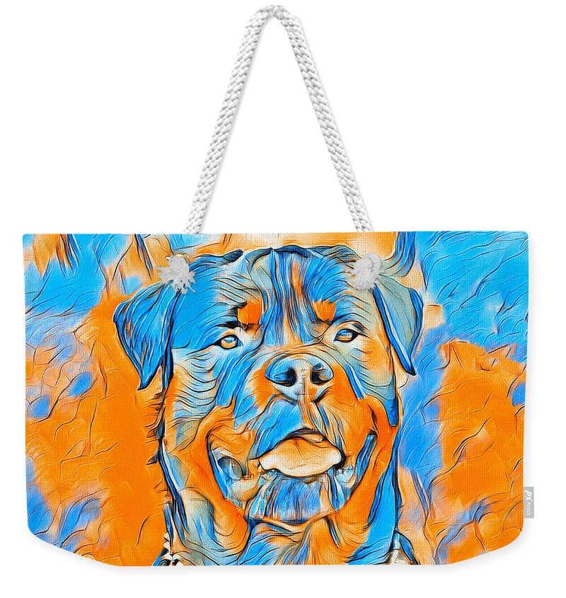 Rottweiler Dog Weekender Tote Bag featuring the digital art Rottweiler dog portrait in blue and orange by Nicko Prints