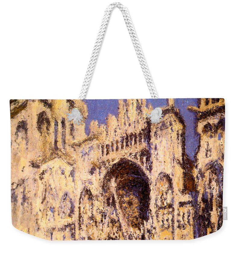Claude Monet Weekender Tote Bag featuring the painting Rouen Cathedral Portal and Tour d Albane Full Sunlight Harmony in Blue and Gold by Claude Monet