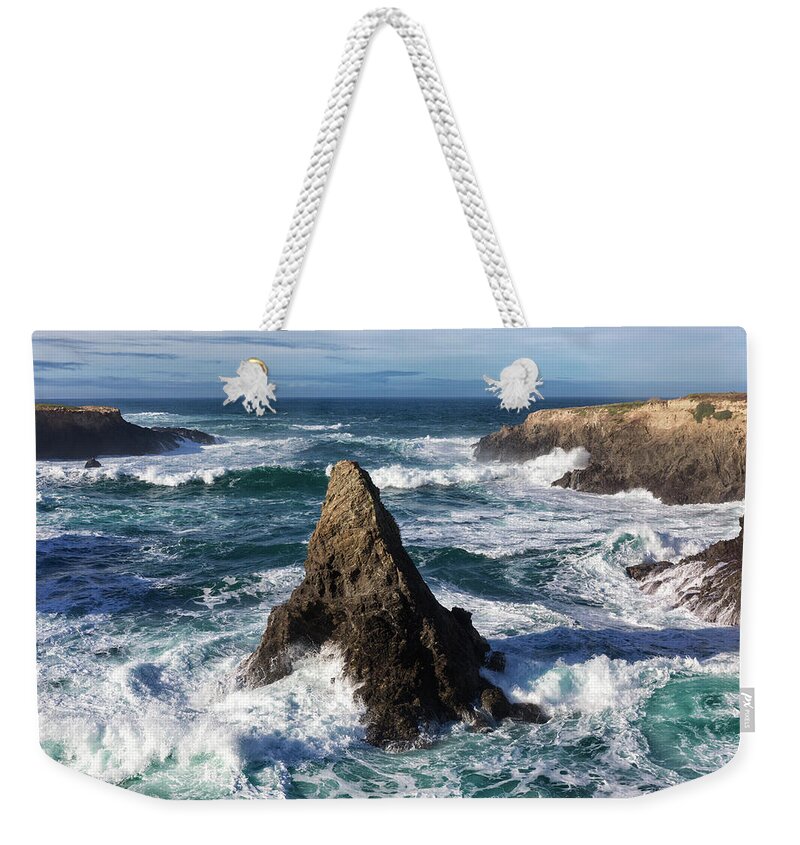 Mendocino Coast Weekender Tote Bag featuring the photograph Rough Ocean Waves Swirling the Shoreline on a Sunny Mendocino Afternoon by Kathleen Bishop
