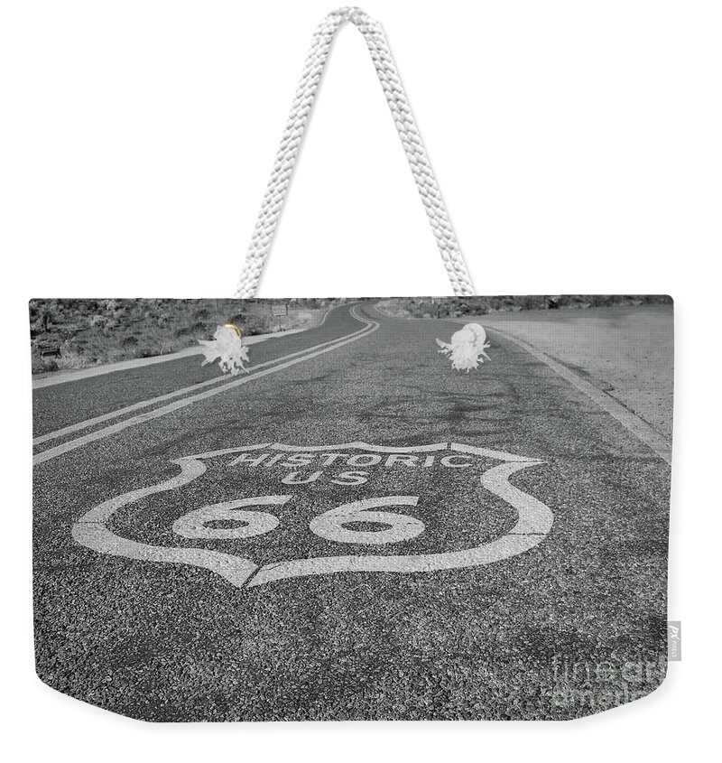 Route Weekender Tote Bag featuring the photograph Route 66 black and white by Darrell Foster