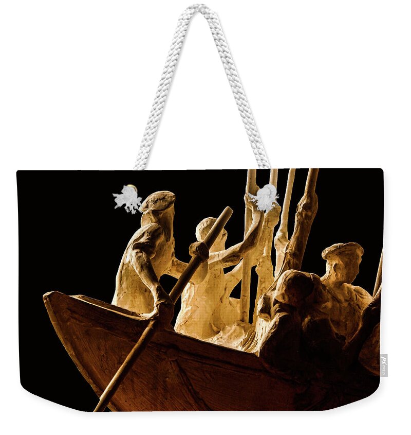 Rowing Boat Sculpture Figurine Sepia Weekender Tote Bag featuring the photograph Rowing Sculpture1 by John Linnemeyer