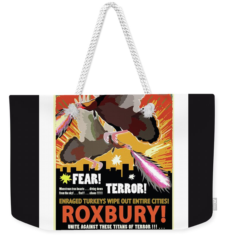 Brookline Turkeys Weekender Tote Bag featuring the digital art Roxbury Attack by Caroline Barnes