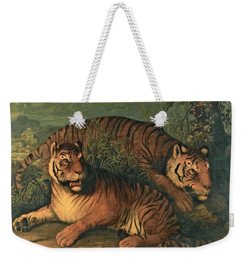 Attributed To Johann Wenzel Peter Weekender Tote Bag featuring the painting Royal Bengal Tigers by Attributed to Johann Wenzel Peter