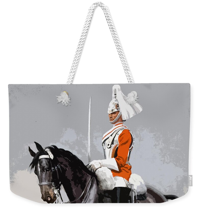 Horse Guards Weekender Tote Bag featuring the mixed media Royal Life Guard by Pennie McCracken