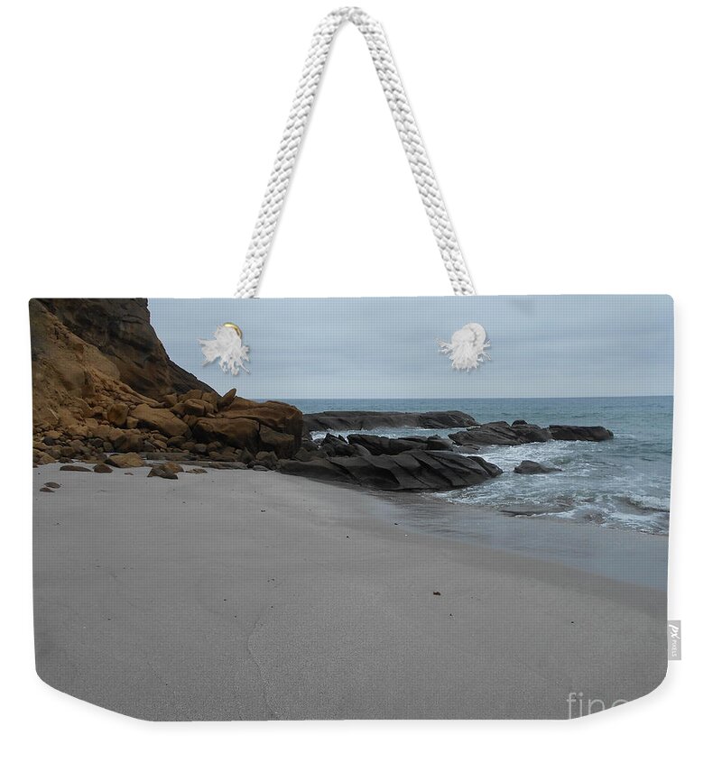 Rocks Weekender Tote Bag featuring the photograph Rocky Shore by Nancy Graham
