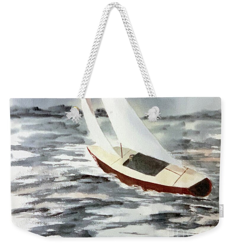 Watercolor Seascape Paiinting Weekender Tote Bag featuring the painting Rudderless in Reality--Sailboat Watercolor by Catherine Ludwig Donleycott