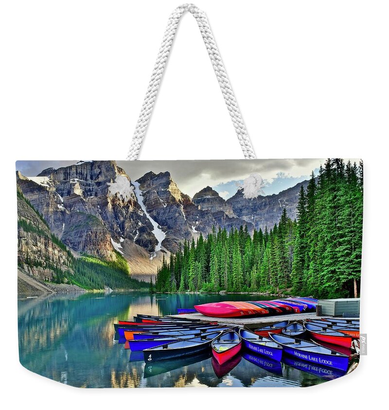 Lake Weekender Tote Bag featuring the photograph Rugged Banff Lake Moraine Terrain by Frozen in Time Fine Art Photography