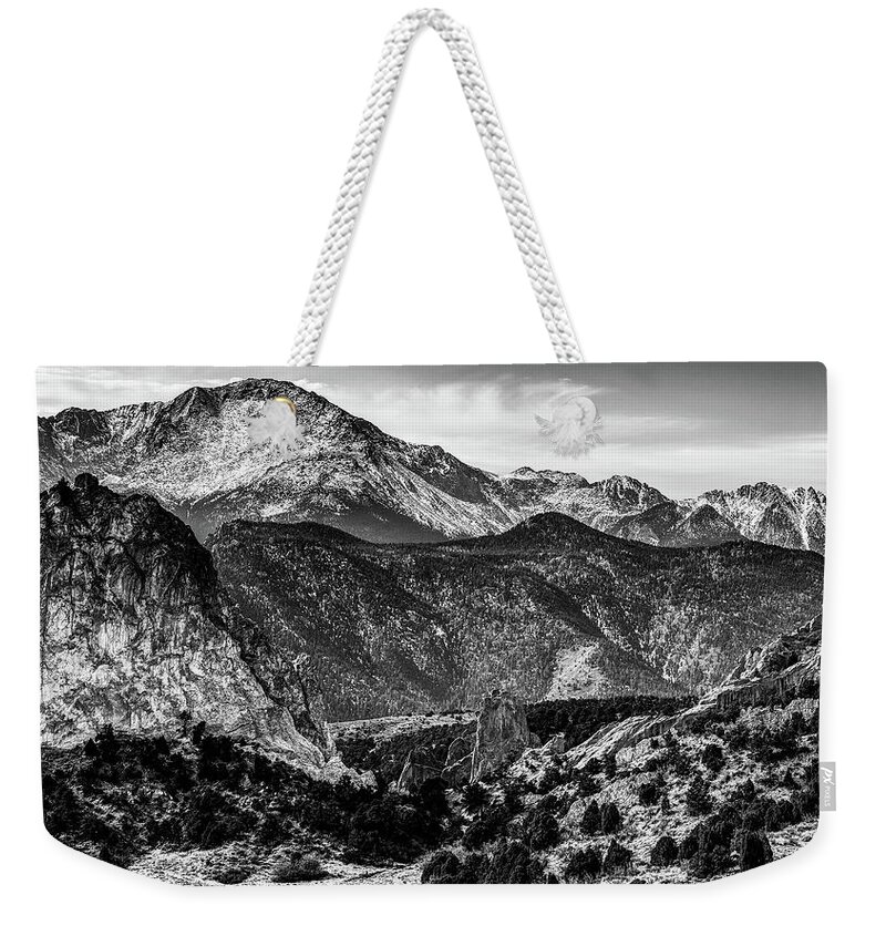 Colorado Springs Weekender Tote Bag featuring the photograph Rugged Pikes Peak Rocky Mountain Landscape - Colorado Springs Monochrome by Gregory Ballos