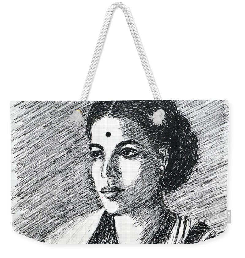 Rukmini Devi Arundale Weekender Tote Bag featuring the drawing Rukmini Devi Arundale by Uma Krishnamoorthy