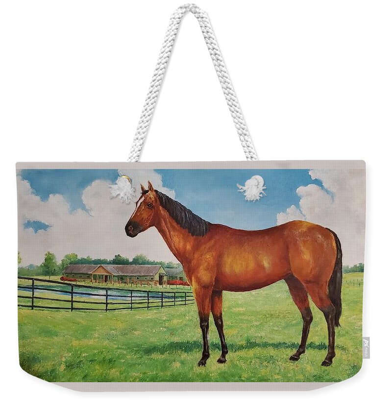 Kentucky Kentucky Derby Equestrian Horse Horseracing Derby Thoroughbred Racing Art Artwork Artist Oil Painting  Weekender Tote Bag featuring the painting Run for the Roses by ML McCormick