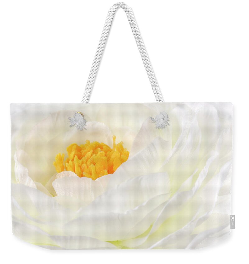Ranunculus Weekender Tote Bag featuring the photograph Rununculus Buttercup white flower macro by Severija Kirilovaite