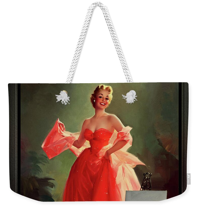 Runway Model Weekender Tote Bag featuring the painting Runway Model In A Pink Dress by Gil Elvgren Pin-up Girl Wall Decor Artwork by Rolando Burbon