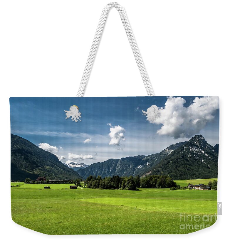 Austria Weekender Tote Bag featuring the photograph Rural Landscape With Houses In Front Of Mountain Dachstein In The Alps Of Austria by Andreas Berthold