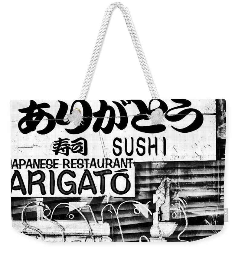 Sushi Weekender Tote Bag featuring the photograph Rustic Sign of a Sushi Restaurant by Tito Slack