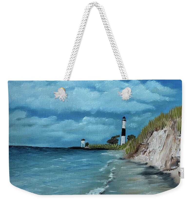 Oil Painting Weekender Tote Bag featuring the painting Sable Lighthouse by Lisa White