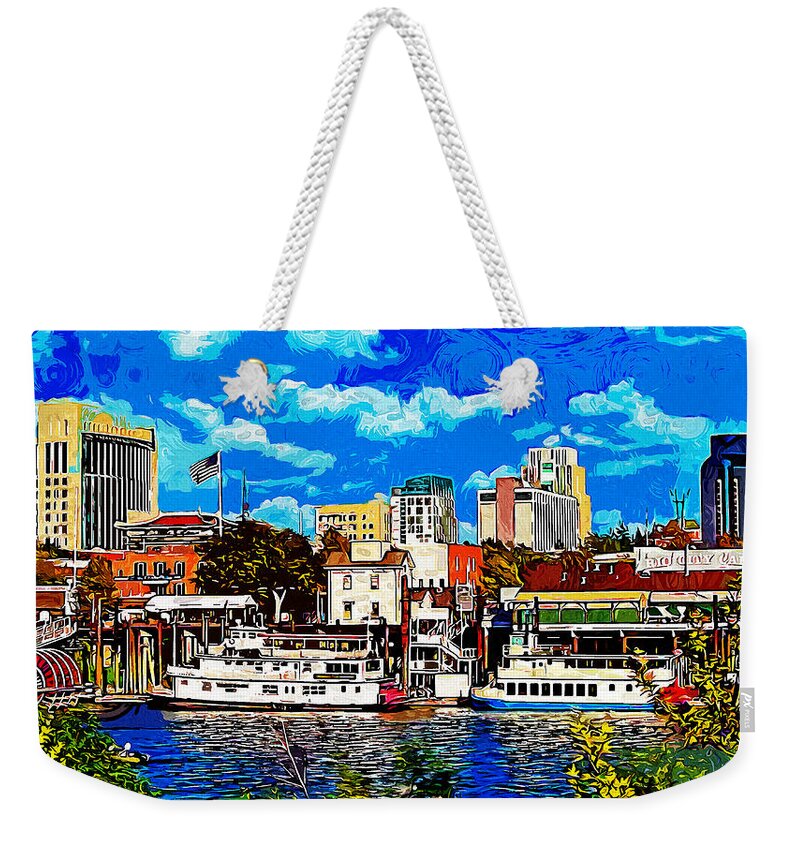 Sacramento Weekender Tote Bag featuring the digital art Sacramento cityscape from the riverwalk - impressionist painting by Nicko Prints