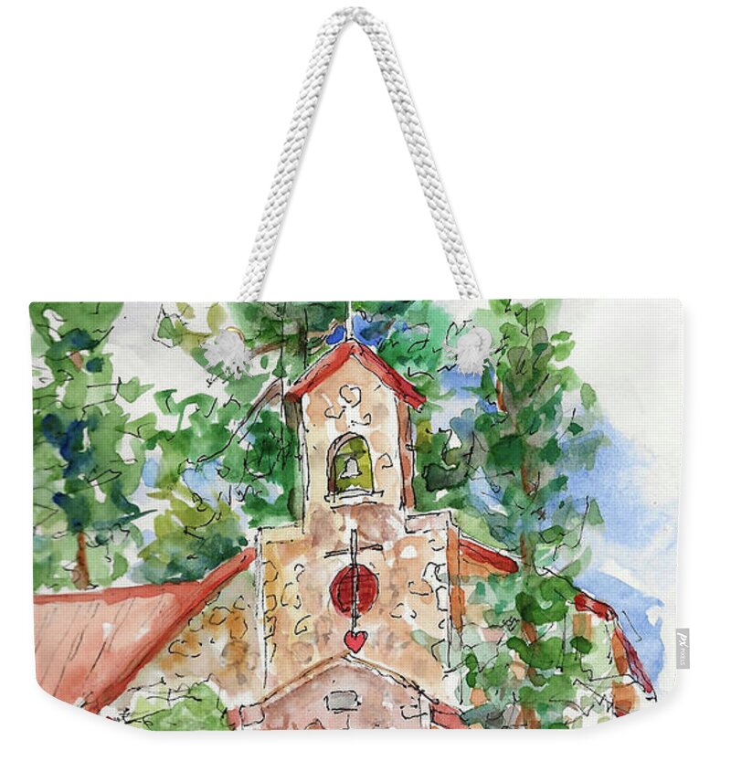 New Mexico Weekender Tote Bag featuring the painting Sacred Heart Mission Church by Sue Kemp