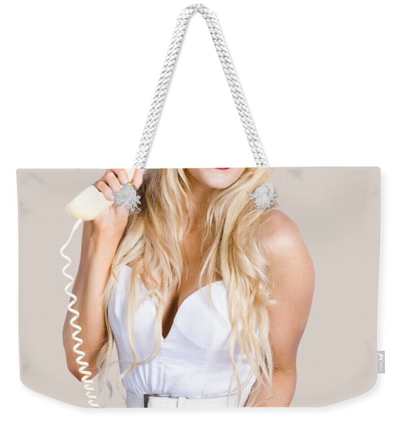 Reception Weekender Tote Bag featuring the photograph Pinup help desk operator by Jorgo Photography