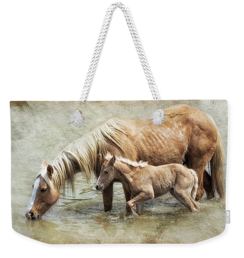 Mare And Foal Weekender Tote Bag featuring the photograph Safe By Mother's Side - South Steens Mustangs by Belinda Greb