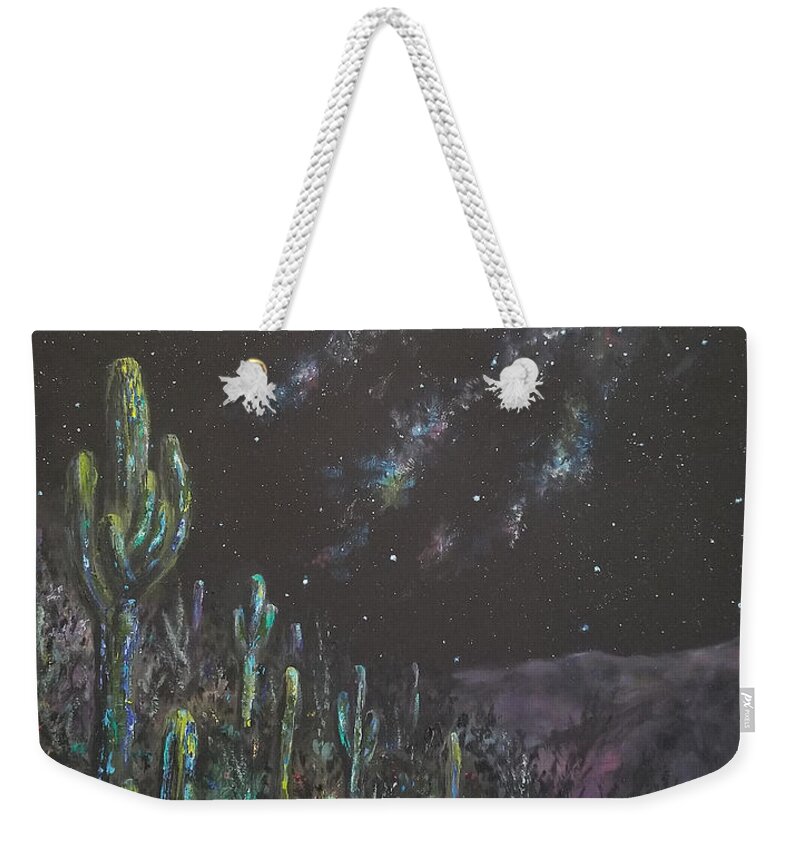 Saguaro Weekender Tote Bag featuring the painting Saguaro Hill at Night by Judith Rhue