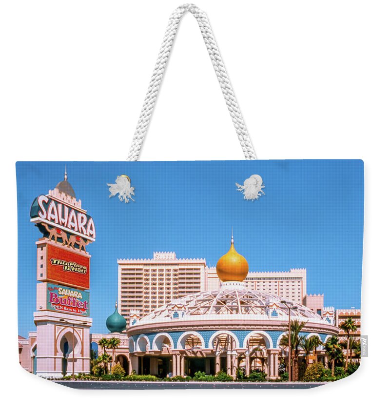 Sahara Casino Weekender Tote Bag featuring the photograph Sahara Hotel and Casino Las Vegas 1999 2 to 1 Ratio by Aloha Art