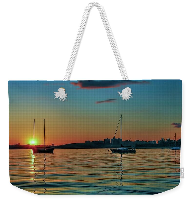 Sunset Weekender Tote Bag featuring the photograph Sailboats Anchored At City Island by Cordia Murphy