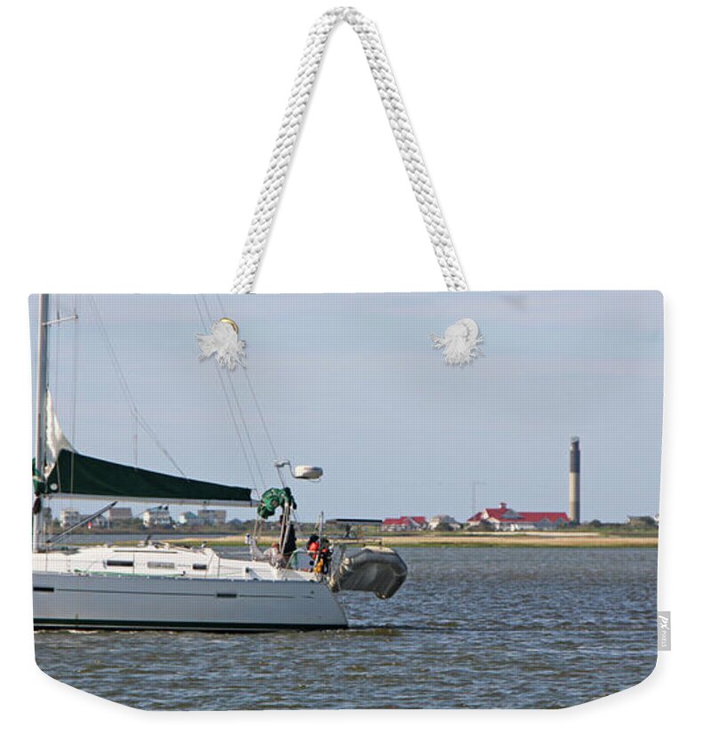 Oak Island Weekender Tote Bag featuring the photograph Sailboat and Oak Island Lighthouse 6680 by Jack Schultz