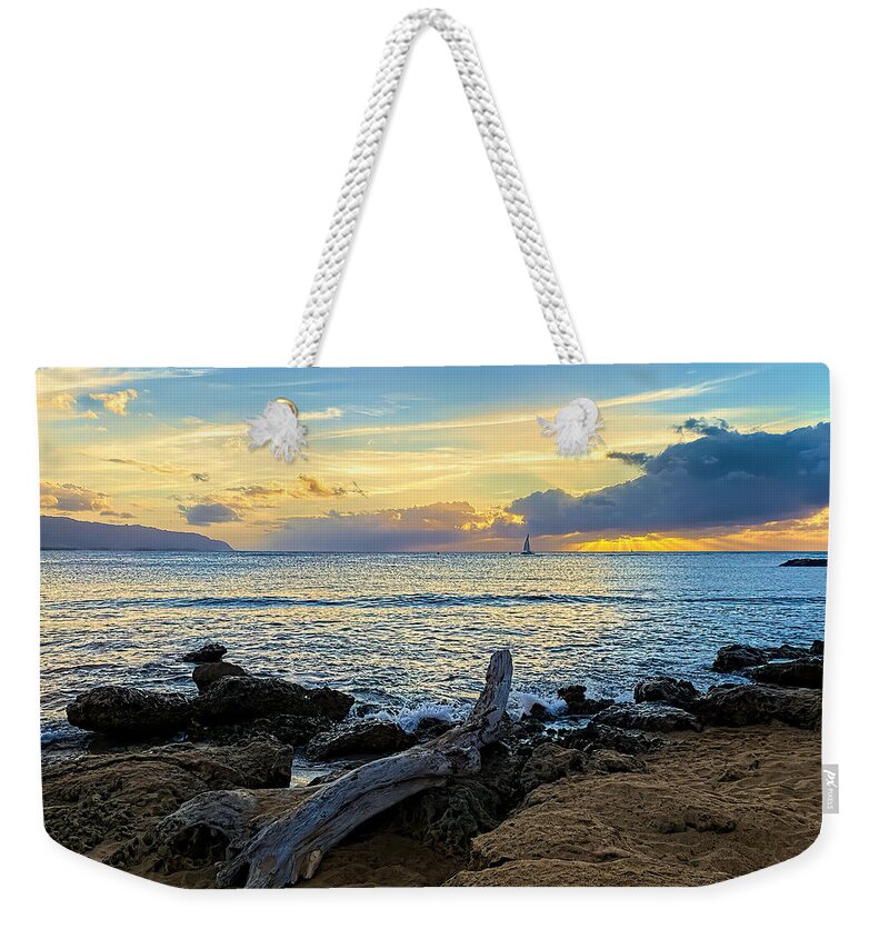 Seascape Weekender Tote Bag featuring the photograph Sailboat Cruise At Sunset by Rachel League