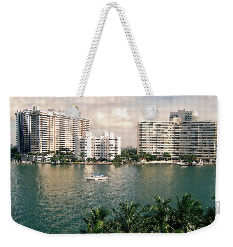 Miami Beach Weekender Tote Bag featuring the photograph Sailboat In Miami Beach Florida by Phil Perkins