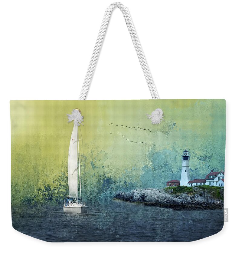 Lake Michigan Weekender Tote Bag featuring the mixed media Sailing Free by Ed Taylor