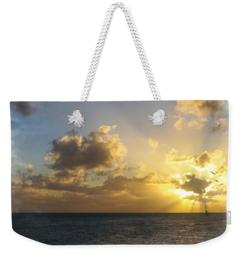 Sunset Weekender Tote Bag featuring the mixed media Sailing Home by Moira Law