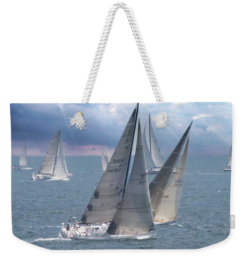 Seascape Weekender Tote Bag featuring the photograph Sailing off Marblehead racing to Halifax by Jeff Folger
