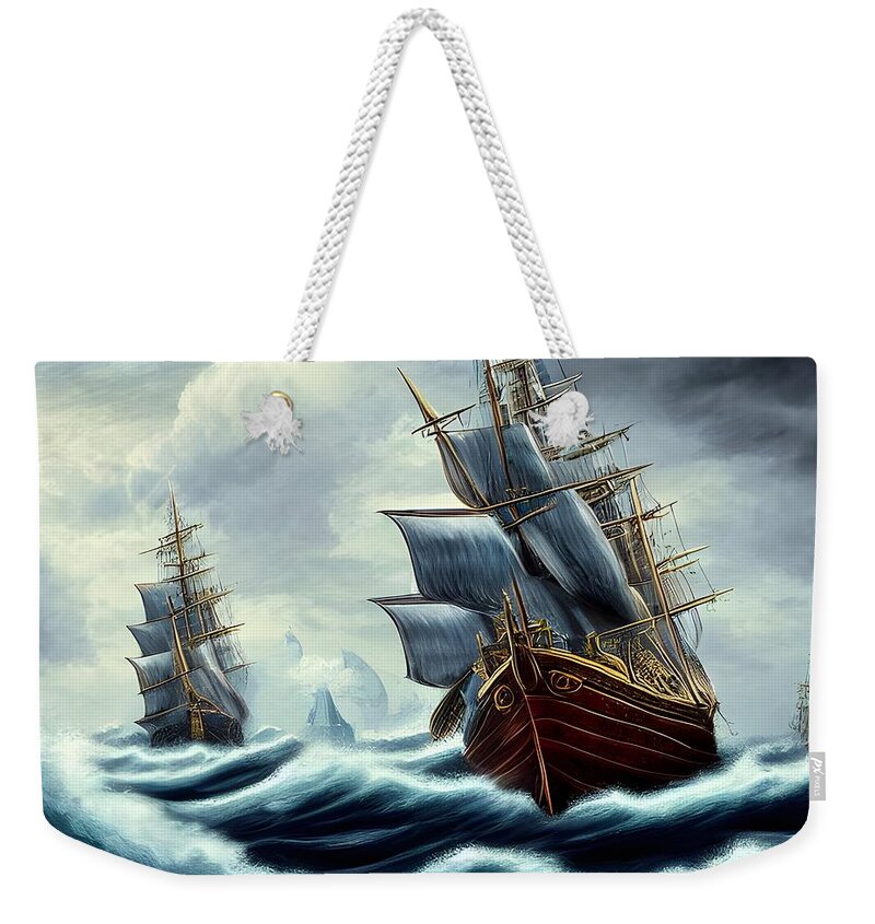 Digital Weekender Tote Bag featuring the digital art Sailing Ships on a Stormy Sea by Beverly Read