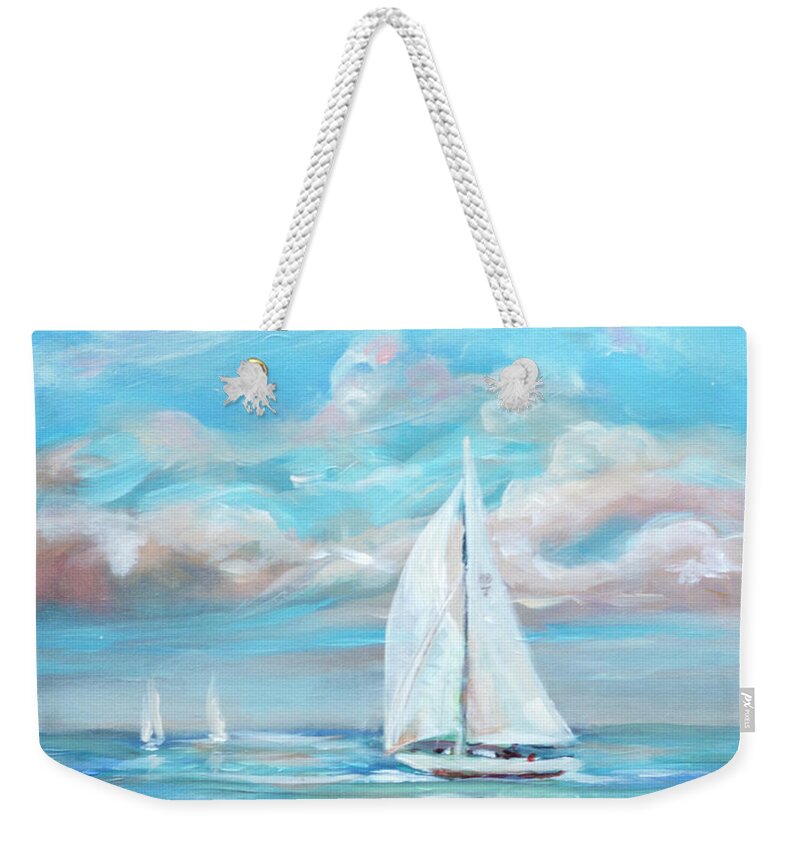 Beach Weekender Tote Bag featuring the painting Sailing with my Dad II by Linda Olsen