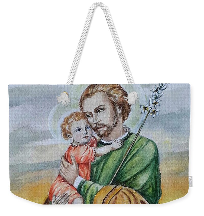 Saint Joseph Weekender Tote Bag featuring the painting Saint Joseph and Child by Carolina Prieto Moreno