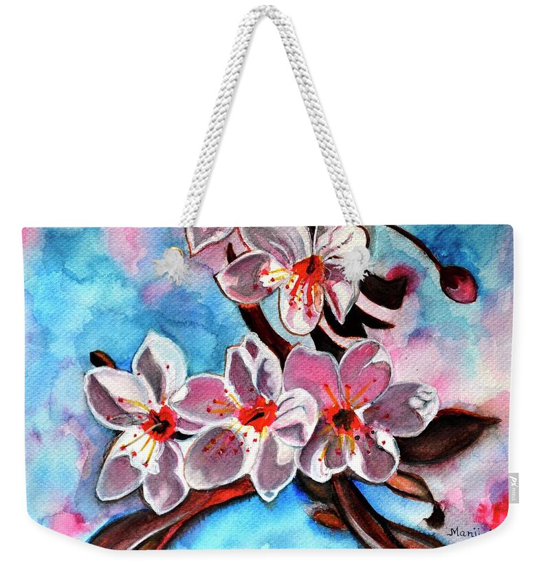 Sakura Weekender Tote Bag featuring the painting Sakura flowers Japanese Cherry Blossom by Manjiri Kanvinde