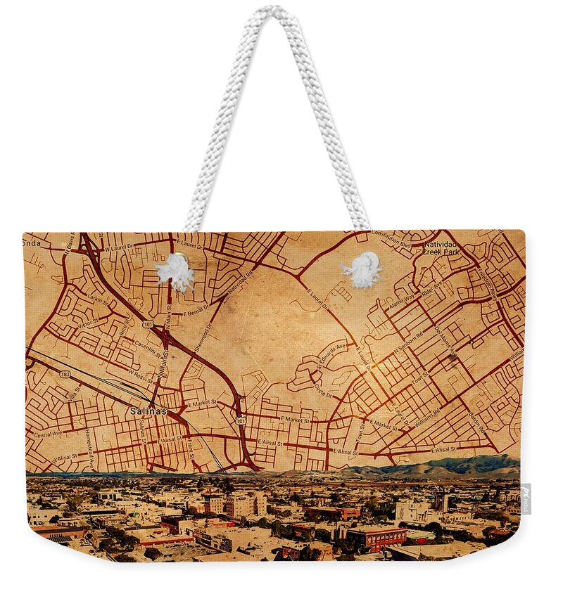 Salinas Weekender Tote Bag featuring the digital art Salinas, California - panorama and map of the central part by Nicko Prints