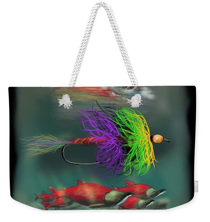 Fly Fishing Weekender Tote Bag featuring the digital art Salmon on the Fly by Doug Gist