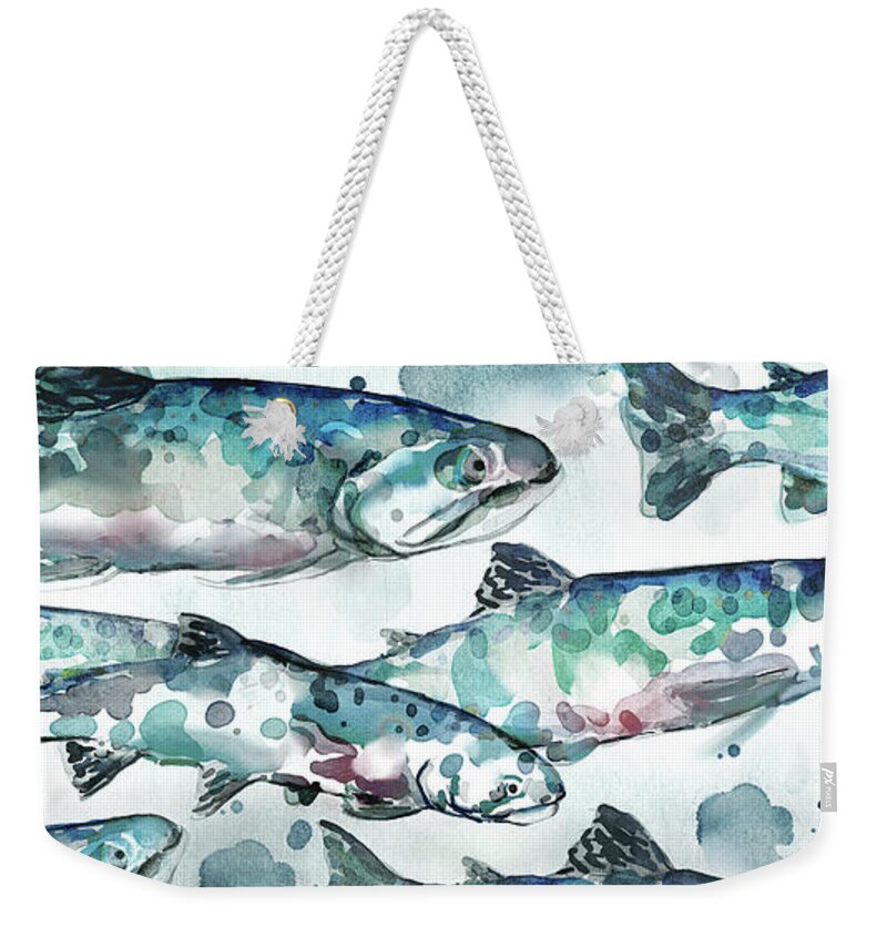 Salmon Weekender Tote Bag featuring the painting Salmon Party by Mauro DeVereaux