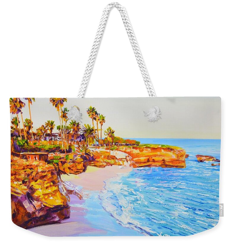 Ocean Weekender Tote Bag featuring the painting 	San Diego Beach.California 5. by Iryna Kastsova