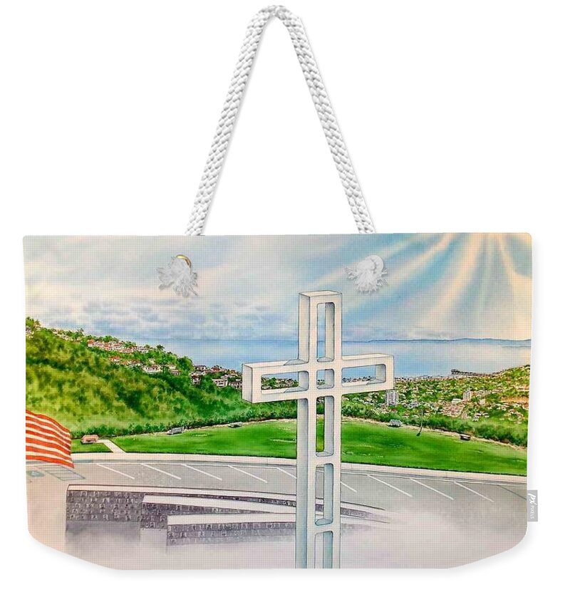 San Diego Weekender Tote Bag featuring the painting San Diego, California, Mt. Soledad La Jolla by John YATO