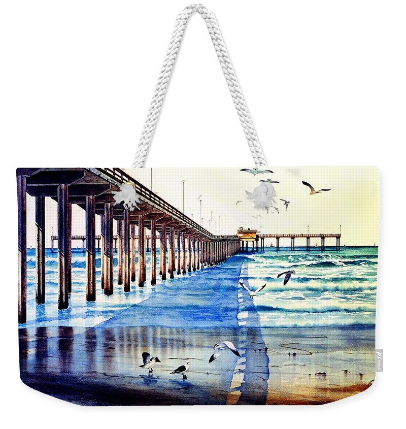 San Diego Weekender Tote Bag featuring the painting San Diego, California, Ocean Beach Pier San Diego by John YATO